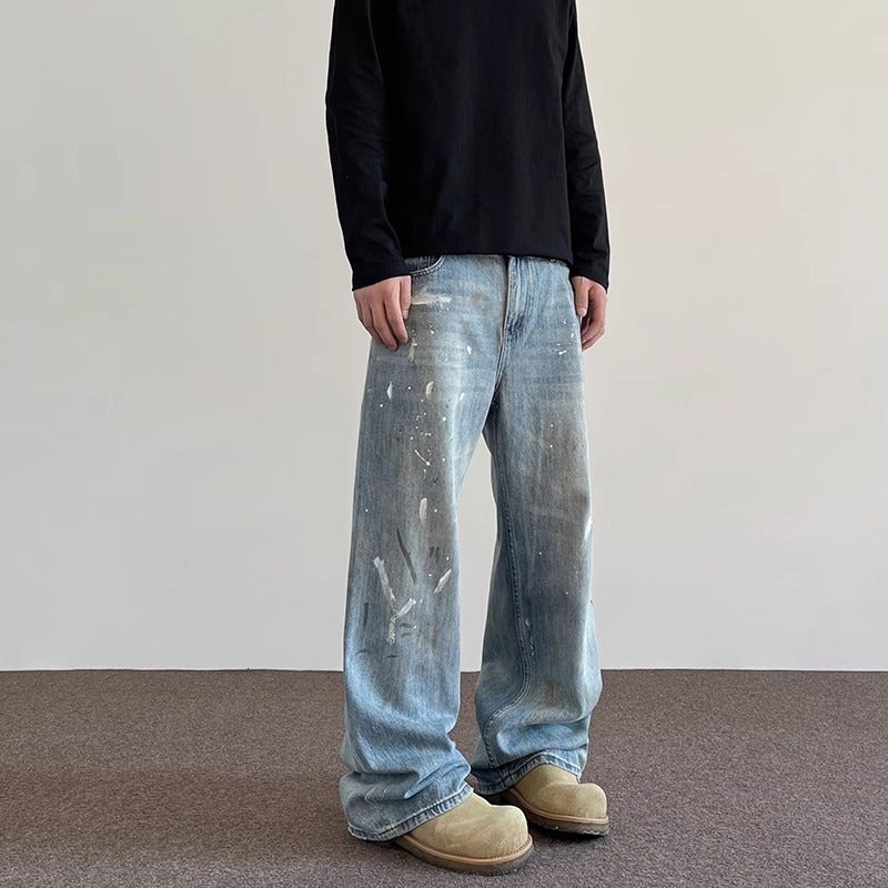 American Retro High Street Vibe Distressed Splatter Jeans Trendy Loose Straight Casual Versatile Designer Pants - Image 2